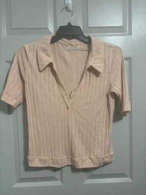 We The Free Ribbed V-Neck Polo Top in Blush Pink